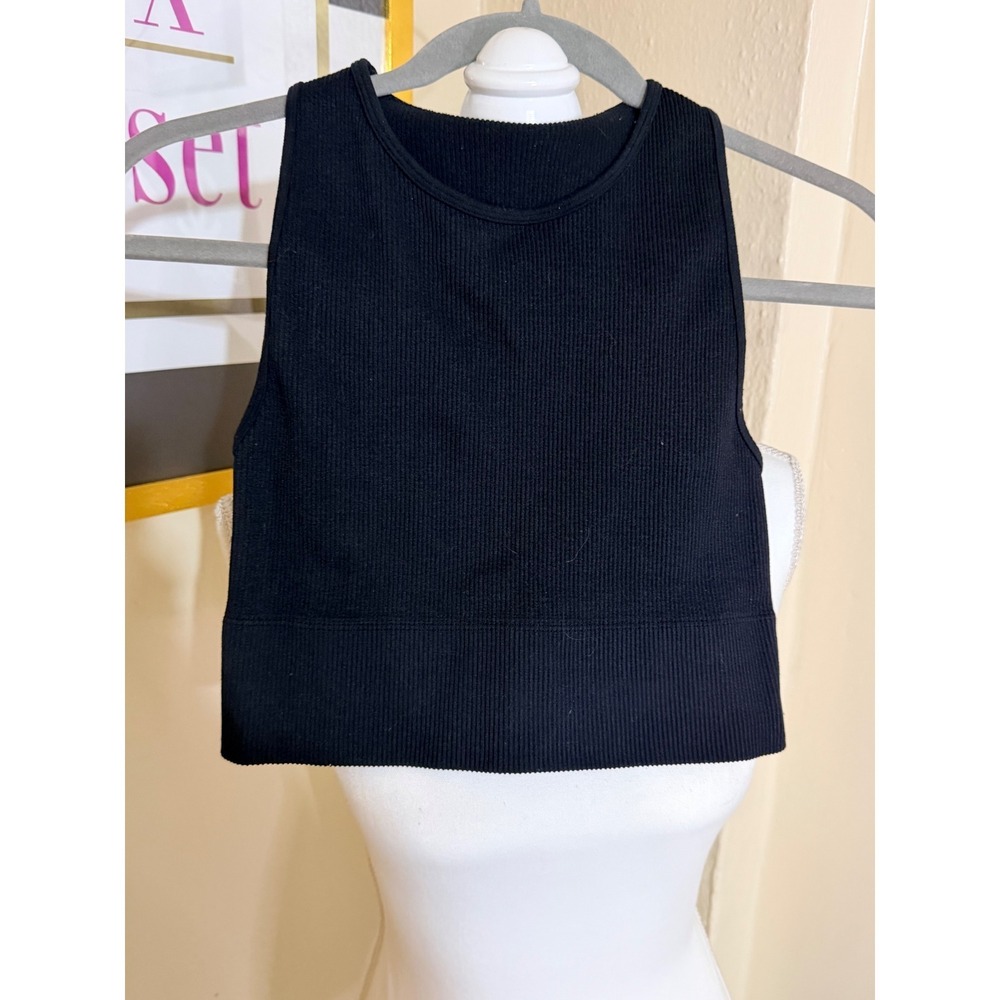 Gilly Hicks Go Recharge Ribbed High Neck Tank Top Black Racerback Crop Med